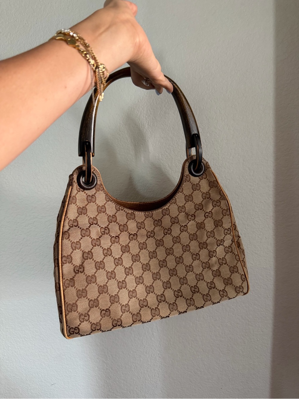 Gucci Brown Monogram Canvas Shoulder Bag with Wood Handles
